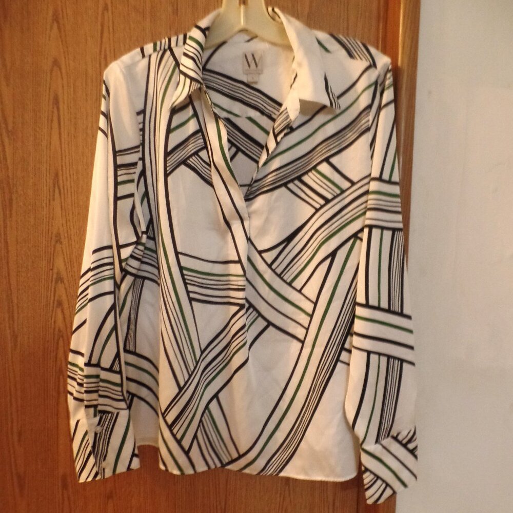 Worthington Women’s Silky Geometric Pattern Long-Sleeve Blouse, Size L